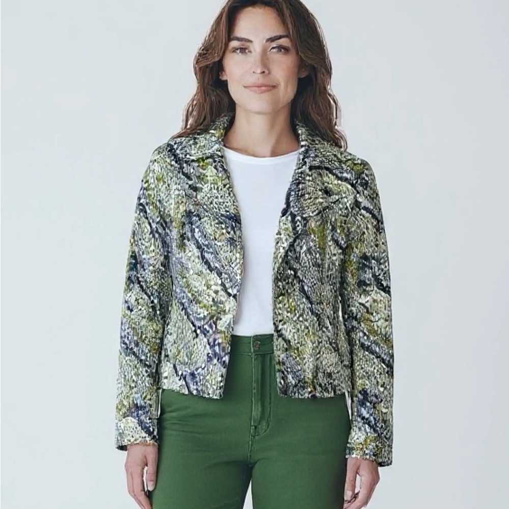 Chico's Snake Print Zip Front Denim Jacket Green Blue Purple Size 0 Small
